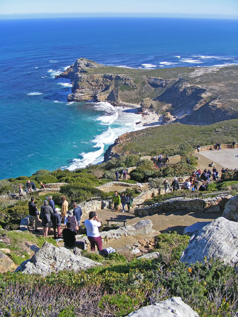 Looking down from below the old lighthouse on Cape Point Peak towards Cape Maclear and the Cape of Good Hope (beyond), the South-Western-most point in Africa.